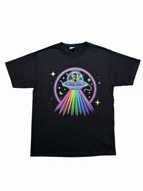 Black alien UFO t-shirt with multicolored designs